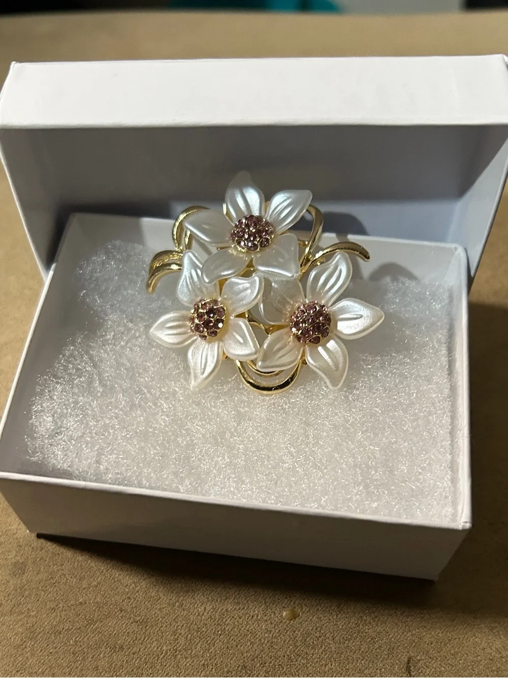 Gold Floral Pearl Brooch - White Flower Pin